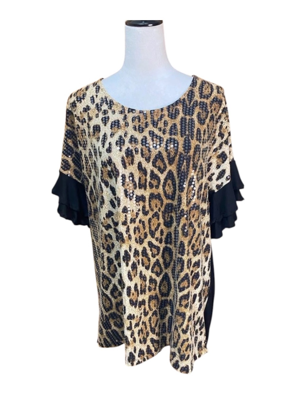 NWT Southern Stitch Sequined Leopard Print Ruffle Sleeve Top